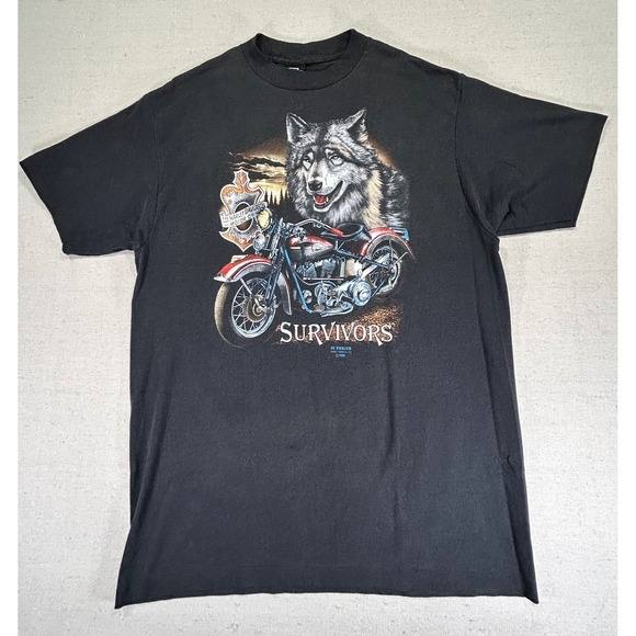 VINTAGE 91 Harley 3D Emblem XL T-Shirt Single Stitch Survivors Distress Davidson